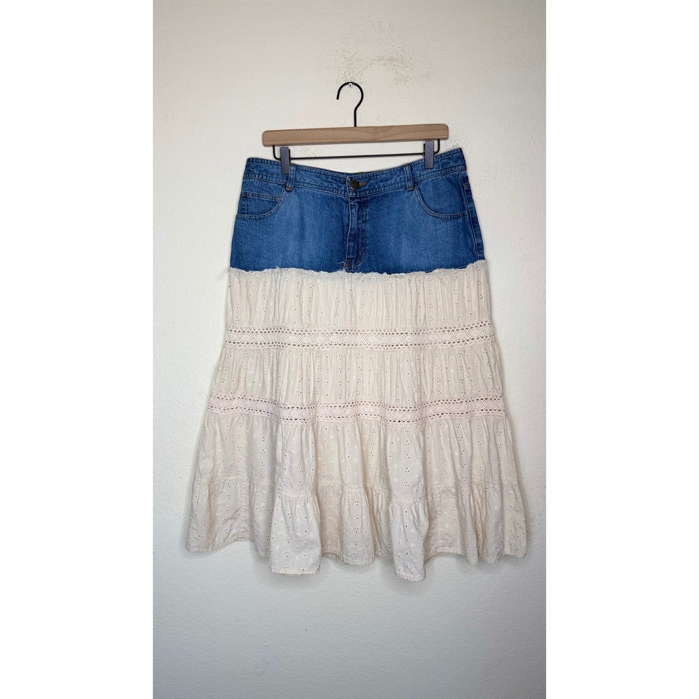 Boho Denim Tiered Eyelet Lace Maxi Skirt Size 14 Cottagecore Western Festival
